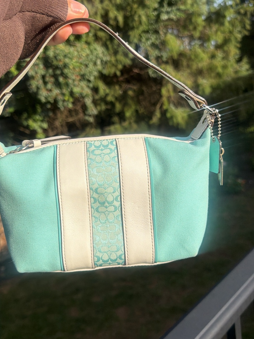 Coach Aqua and White Signature Stripe Shoulder Bag
